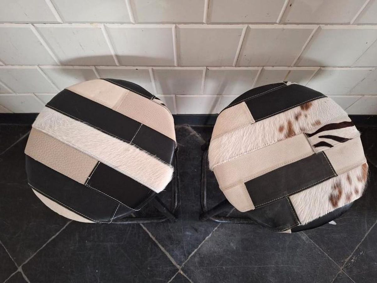 Vintage Kruk Met Patchwork Lederen Bekleding, Rond Krukje image 4