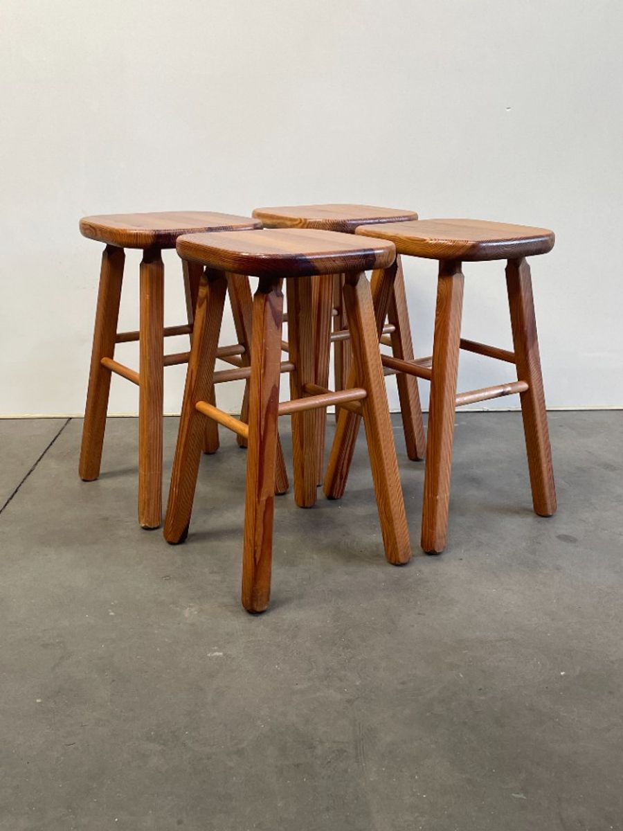Set Van 4 Vintage Grenen Krukken, Scandinavisch Design, 1970's image 7