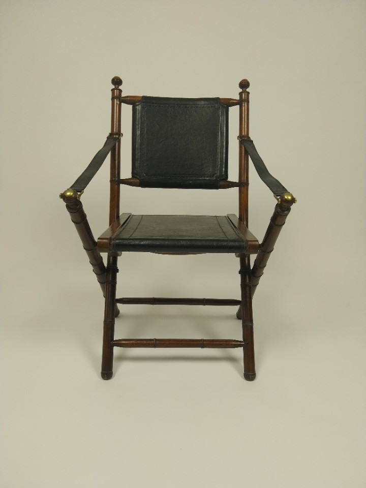 Opvouwbare Officiersstoel Van Leer En Teak In Koloniale Stijl image 5
