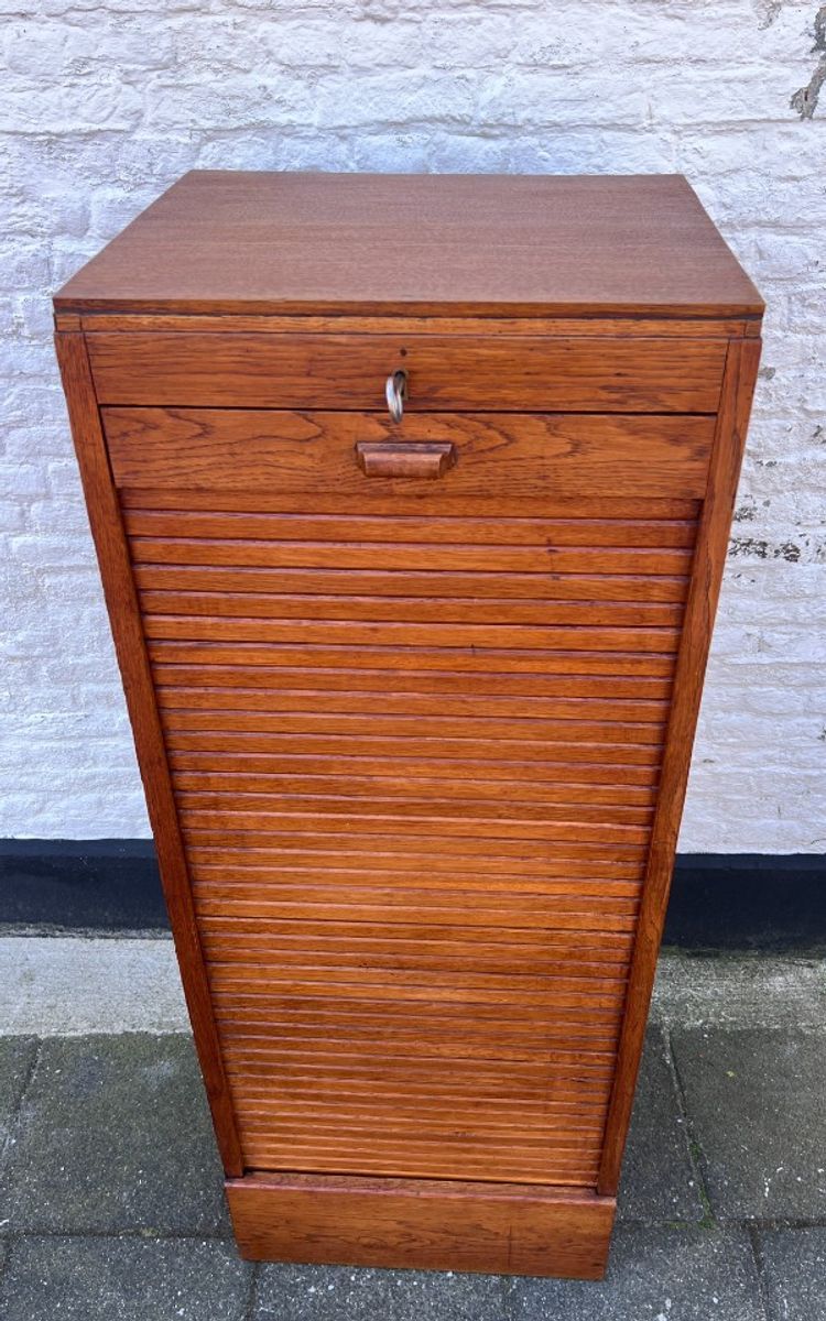 Eiken Rolluik Archiefkast Met Originele Schuifbakken, 113 Cm Hoog image 3