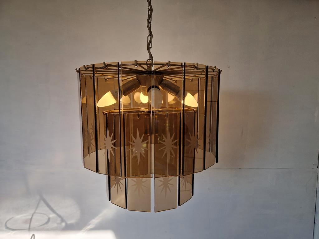 Vintage Waterval Kroonluchter Met Geslepen Gerookt Glas. image 2