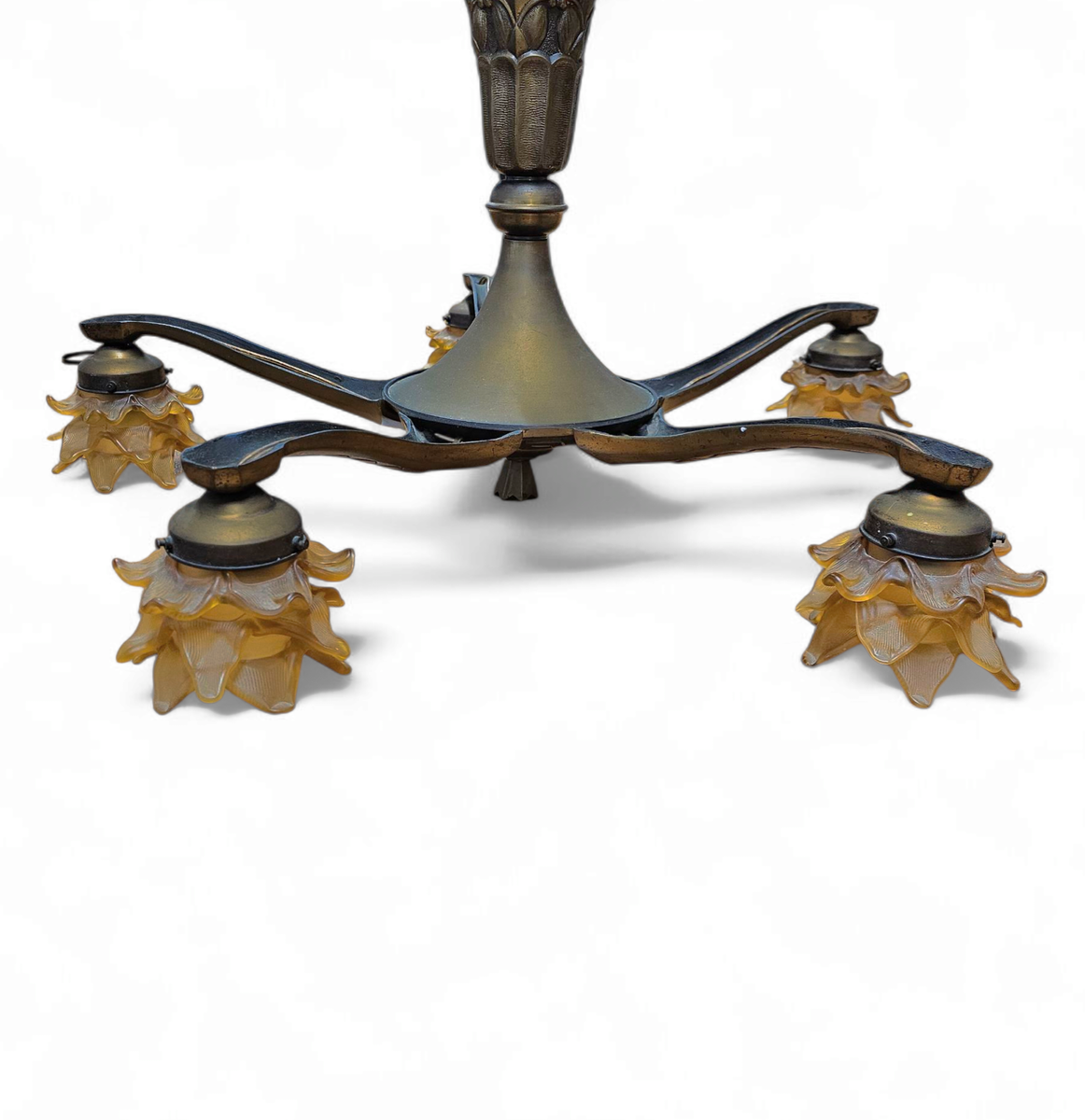 5 Arms Art Deco / Art Nouveau / Brass Hanging Lamp / Hand Blown Floral Shades image 6