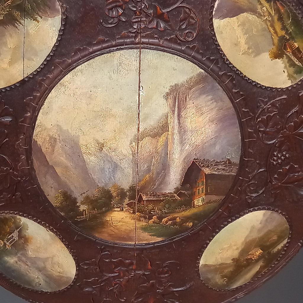Antieke Tilttop Tafel 19E Eeuw Met 5 Schilderingen image 19