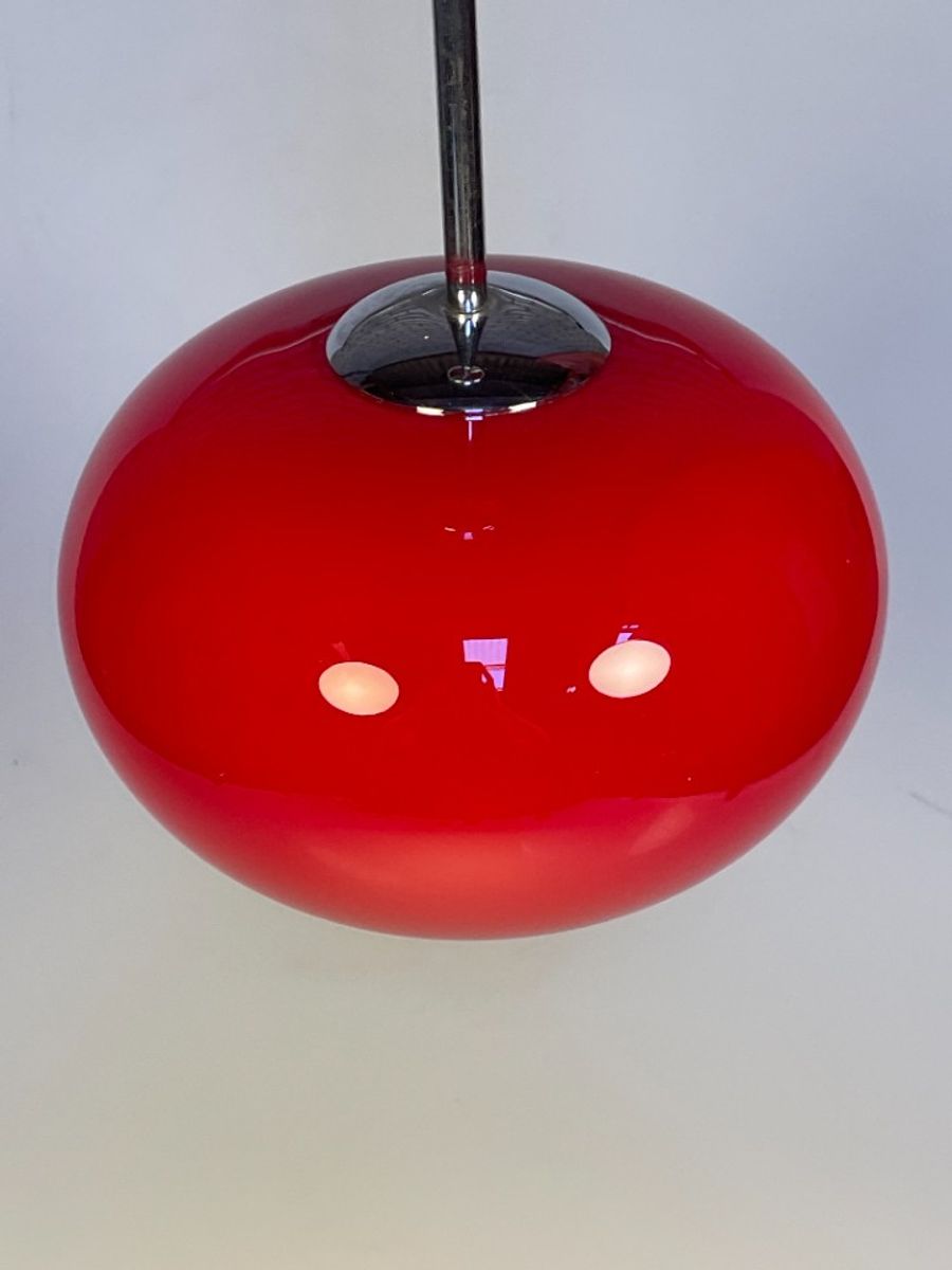 Glazen Rode Hanglamp Met Chromen Armatuur, 1980's image 7