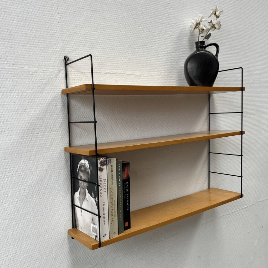 Vintage Wandrek Zwart Draadstaal, Licht Hout 3 Planken image 5