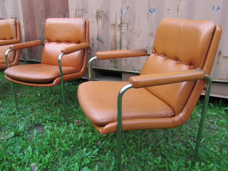 4 Vintage Cognac Leren Lounge Stoelen Artifort Geoffrey Harcourt image 8