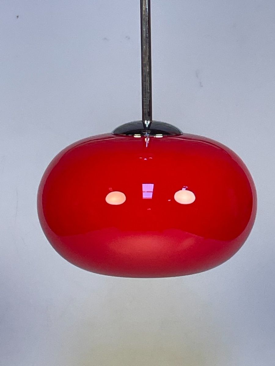Glazen Rode Hanglamp Met Chromen Armatuur, 1980's image 8