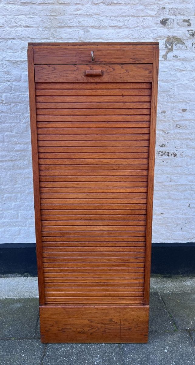 Eiken Rolluik Archiefkast Met Originele Schuifbakken, 113 Cm Hoog image 6