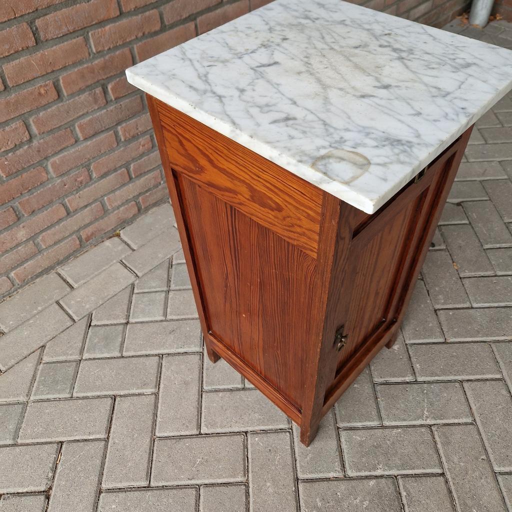 Antieke Wastafel Kast Nachtkastje Met Marmer Plaat Vintage image 8