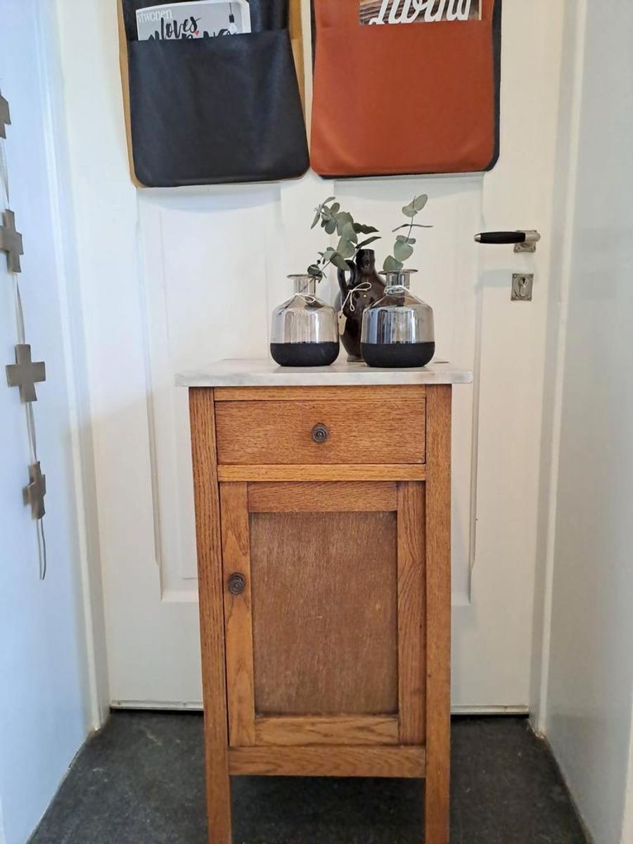 Vintage Kruk Met Patchwork Lederen Bekleding, Rond Krukje image 10