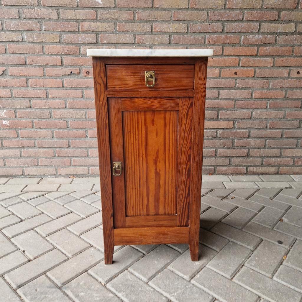 Antieke Wastafel Kast Nachtkastje Met Marmer Plaat Vintage image 2