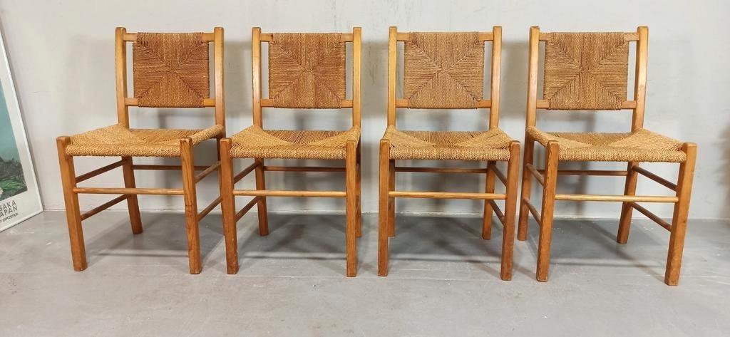 Set Van 4 Vintage Hout En Riet Eetkamerstoelen image 7