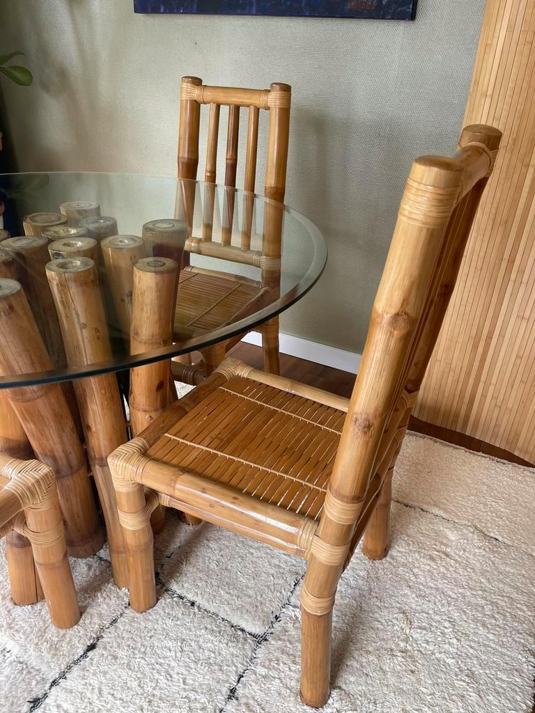 Vintage Boho Bamboe Eetkamerset - Eettafel Met Stoelen image 6
