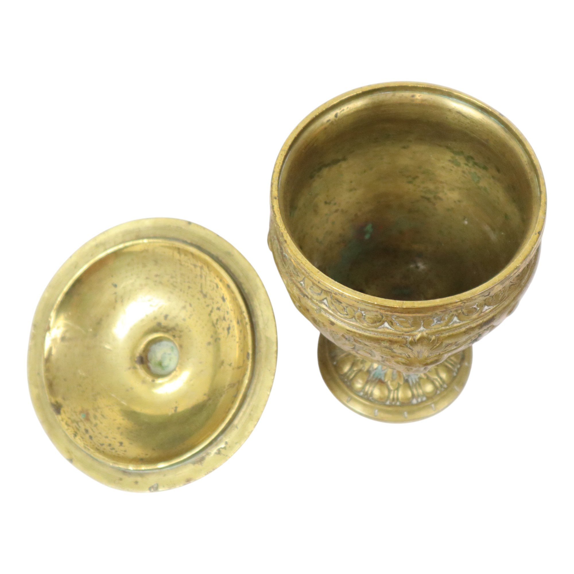 Oude Messing Beker Met Deksel Mythisch Figuur 14cm image 4