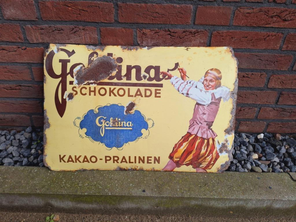 Antiek Emaille Gebold Bord Van Goldina-Chocolade Uit 1915. image 10