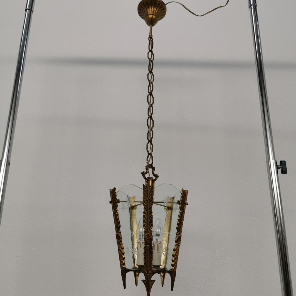 Vintage Franse Messing Lantaarnlamp, Hanglamp, Lamp Met Ketting image 10