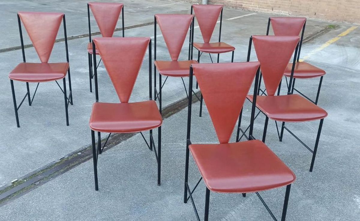 Set Van 8 Vintage Postmodern Leren Eetkamerstoelen image 16