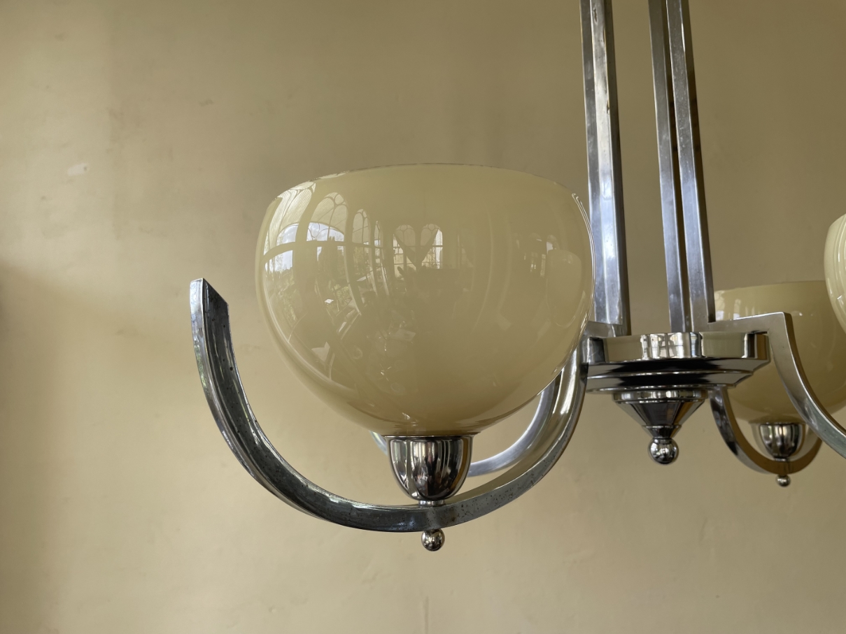 Lamp Hanglamp Art Deco 1930 4 Arms Met Gele Schalen Verchroomd image 9