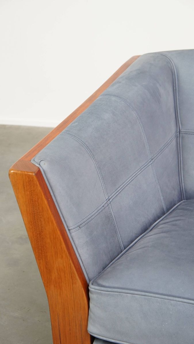 Leuke Schuitema Art Deco Design Bank Met Mooie Blauwe Nubuck Lederen Bekleding image 11