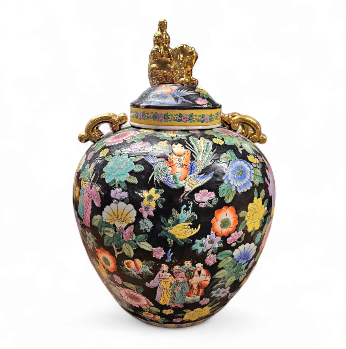 Large Famille Noir Chinese / Porcelain Ginger Jar / Hand Painted / Mille Fleur image 2