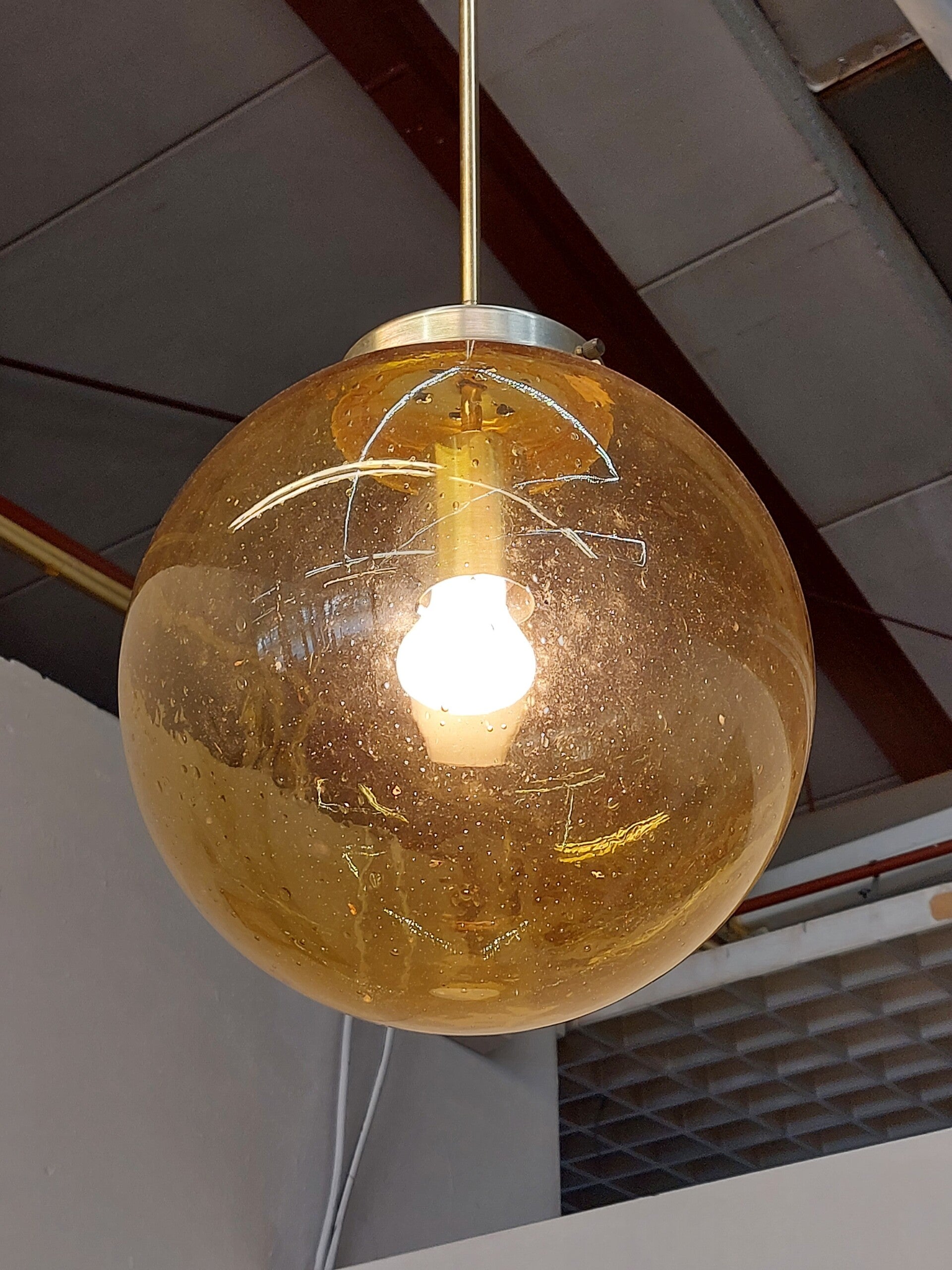 Vintage Hanglamp Messing Goudgeel Bol Glas image 7