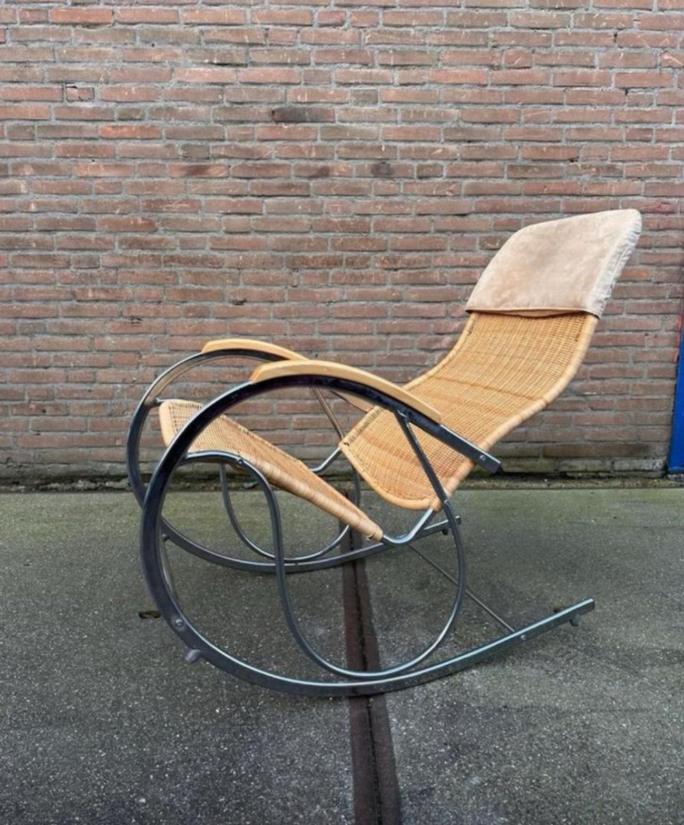 Vintage Chrome And Wicker Rocking Chair, 1970s image 5