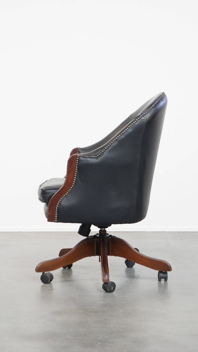 Klassieke En Luxe Zwarte Rundleren Bureaustoel In Engelse Stijl, Op Wieltjes image 5