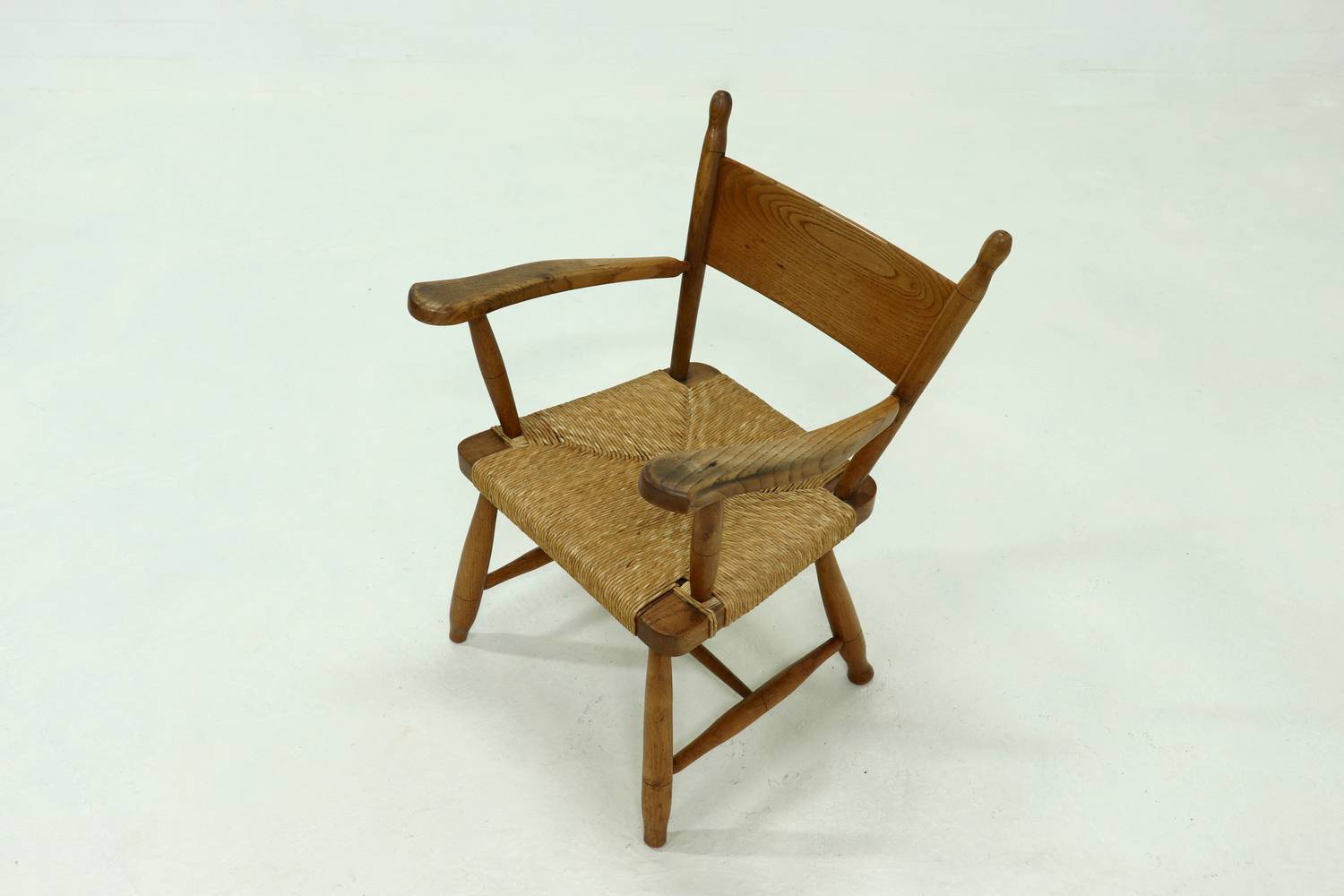 French Blonde Oak And Rush Armchair 1950s image 12