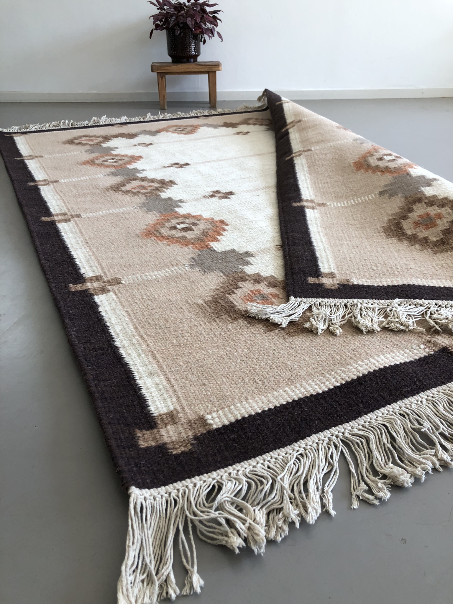 Handgeweven Wollen Scandinavisch Rollakan Vloerkleed Kelim Bruintinten image 5