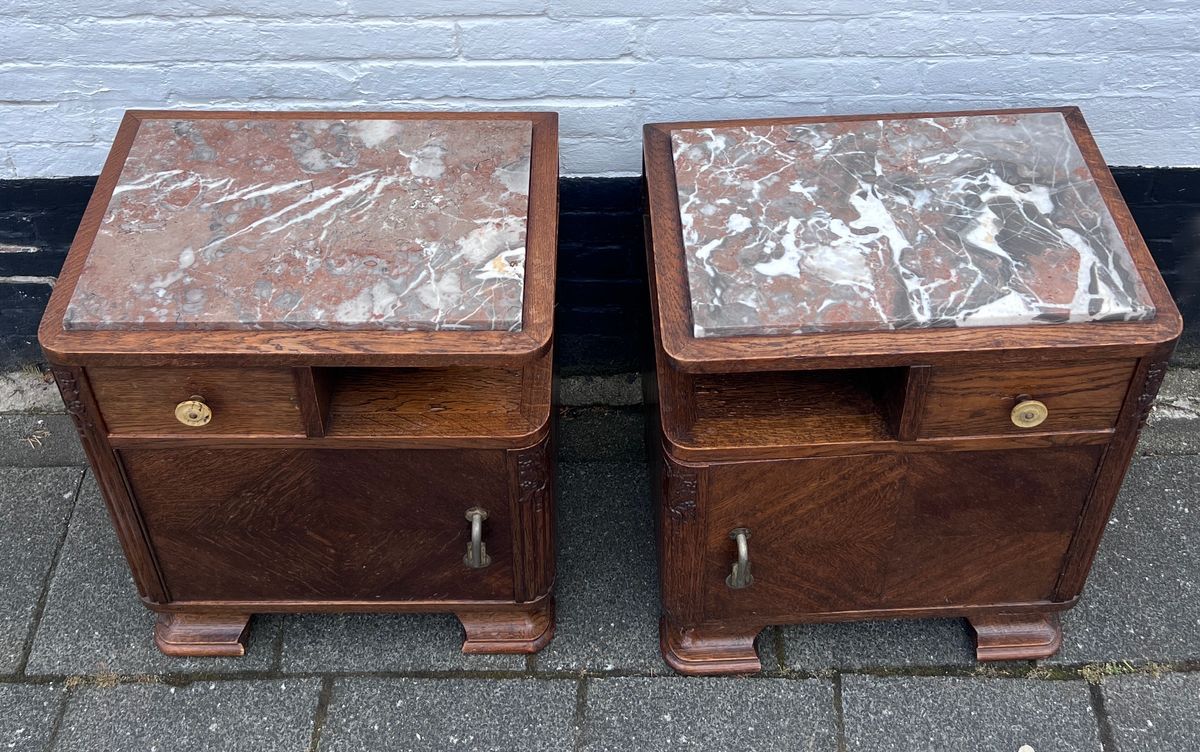 Art Deco Set Nachtkastjes Met Rood / Grijs Geaderd Marmer Blad, 55 Cm Hoog image 3