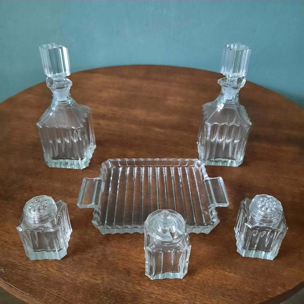 Vintage Olie En Azijn Stel, Geslepen Glas, Peper En Zout image 2