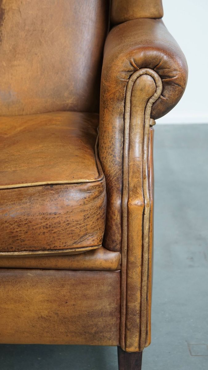 Geweldige, Karaktervolle Vintage Schapenleren Oorfauteuil Met Een Mooi Patina image 10