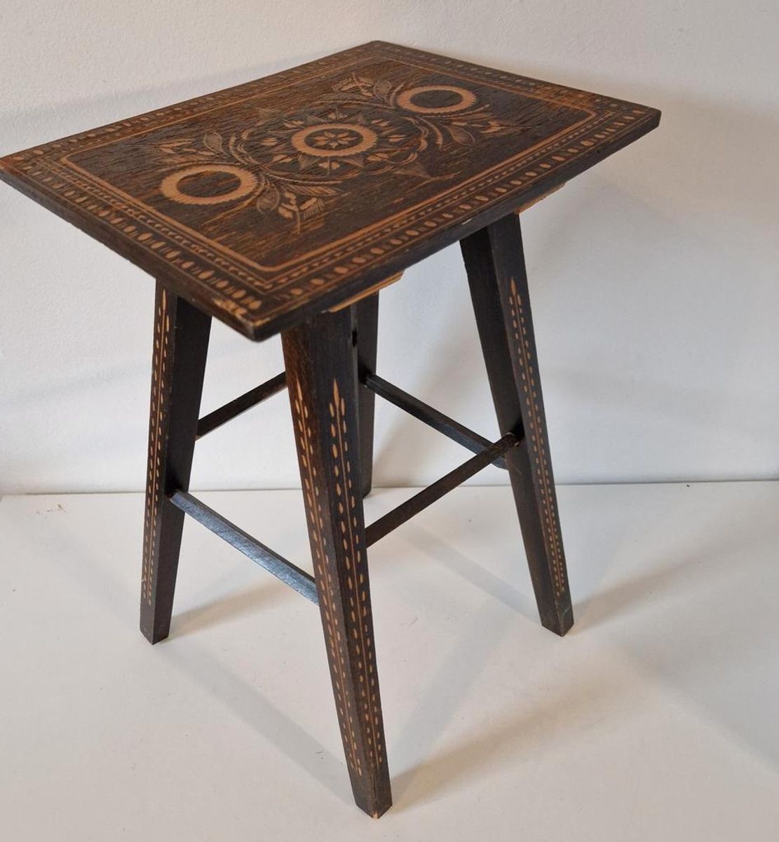 Antiek Houtsnijwerk Tafeltje Plantentafel Krukje image 10