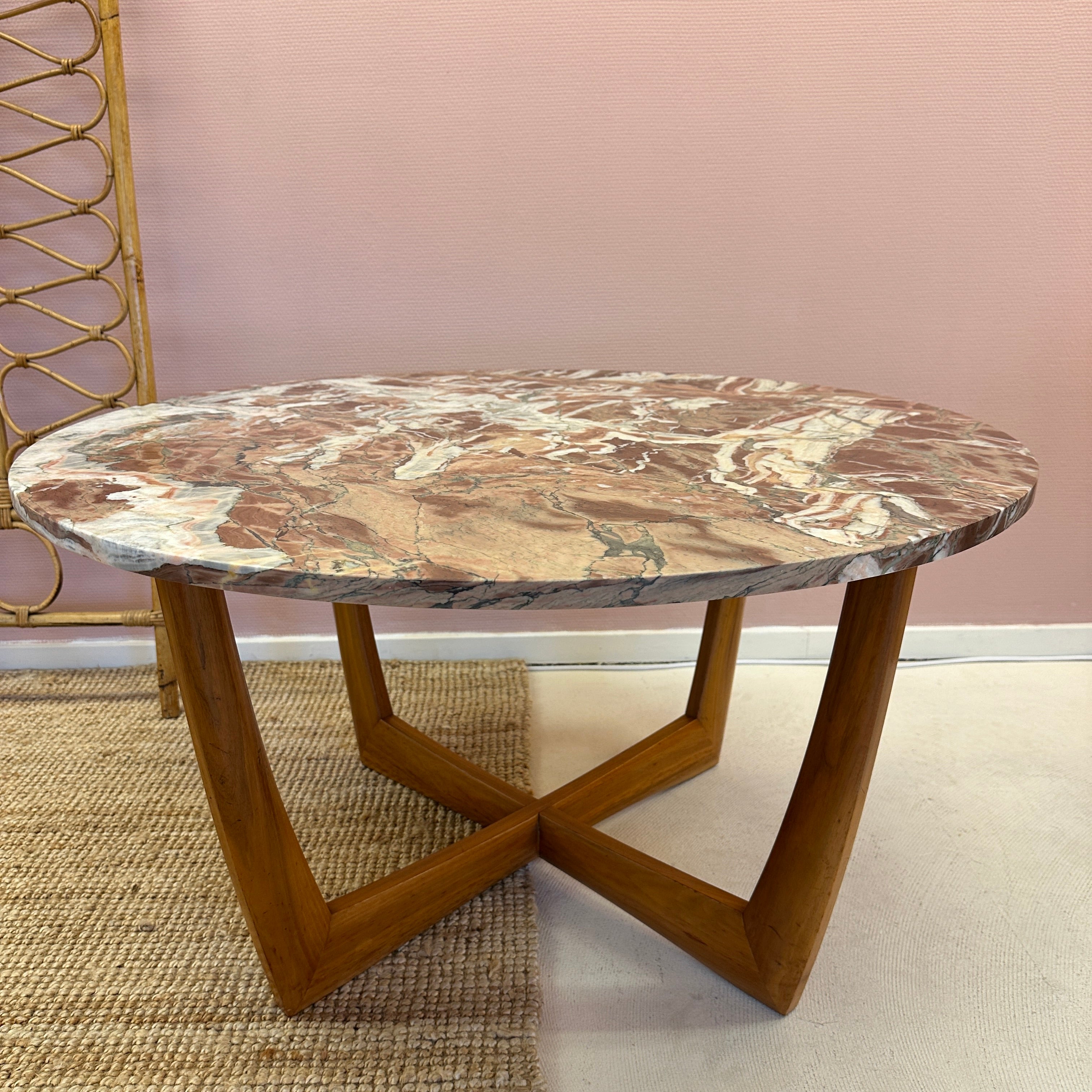 Round Red / Pink Marble Coffeetable With Mid Century Wood Base image 10