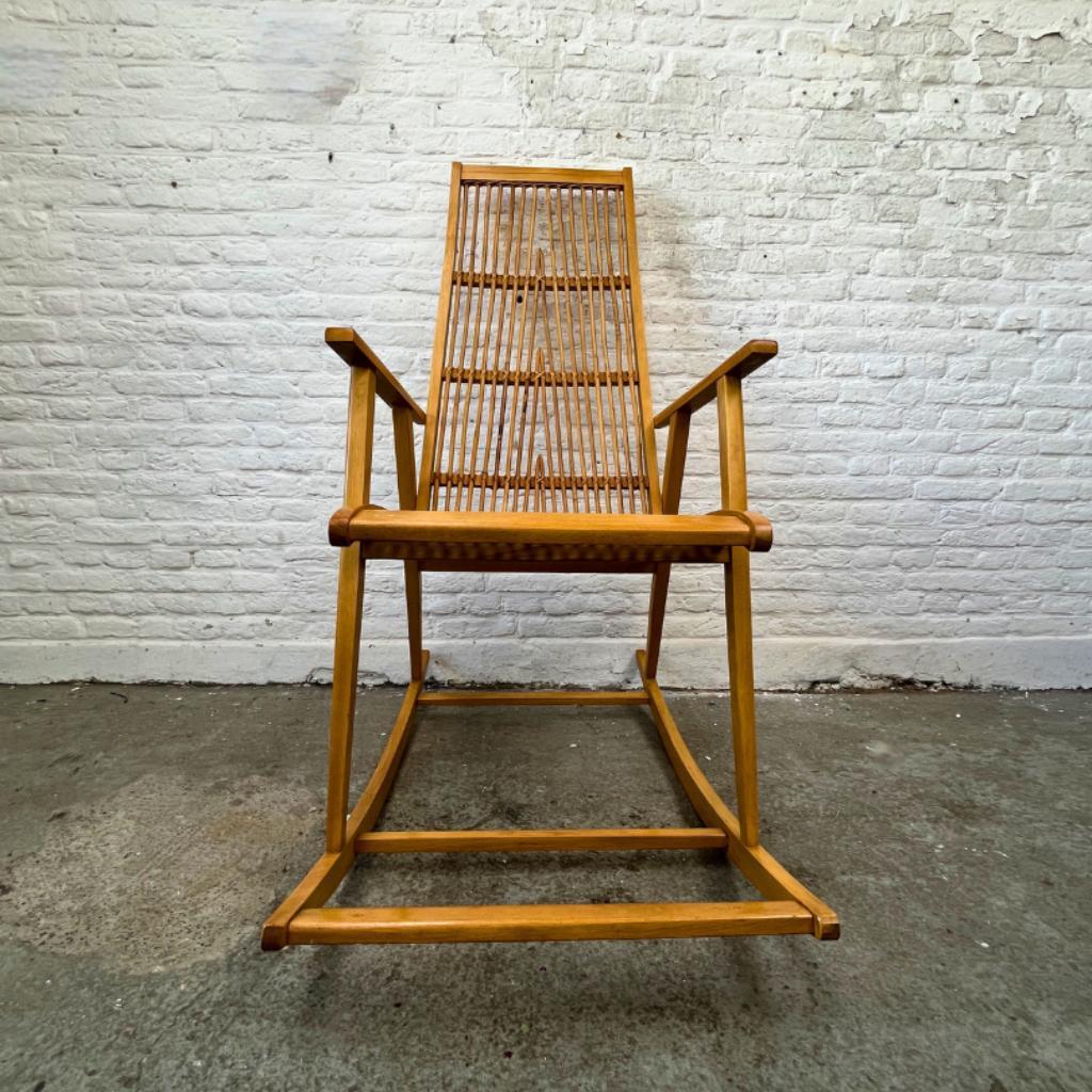 Vintage Design Schommelstoel Hout, Rotan - Hellerau image 4