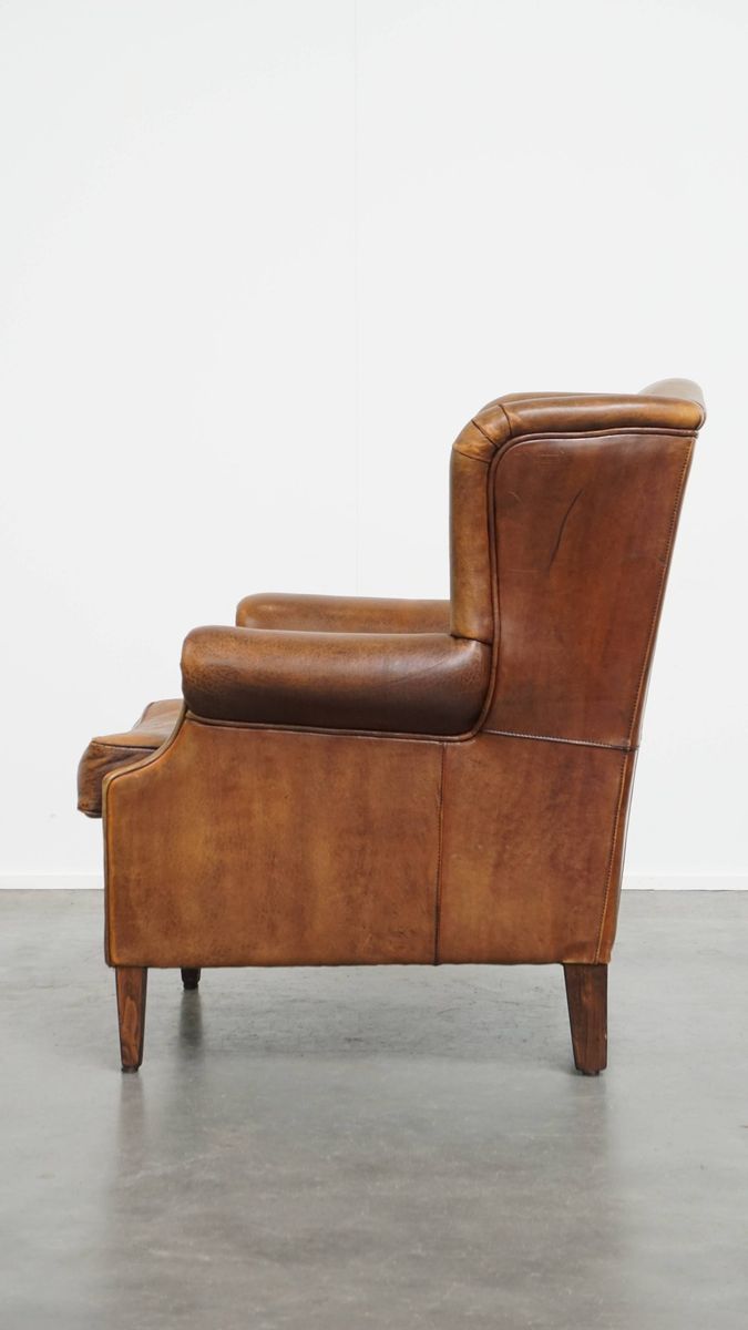 Geweldige, Karaktervolle Vintage Schapenleren Oorfauteuil Met Een Mooi Patina image 5