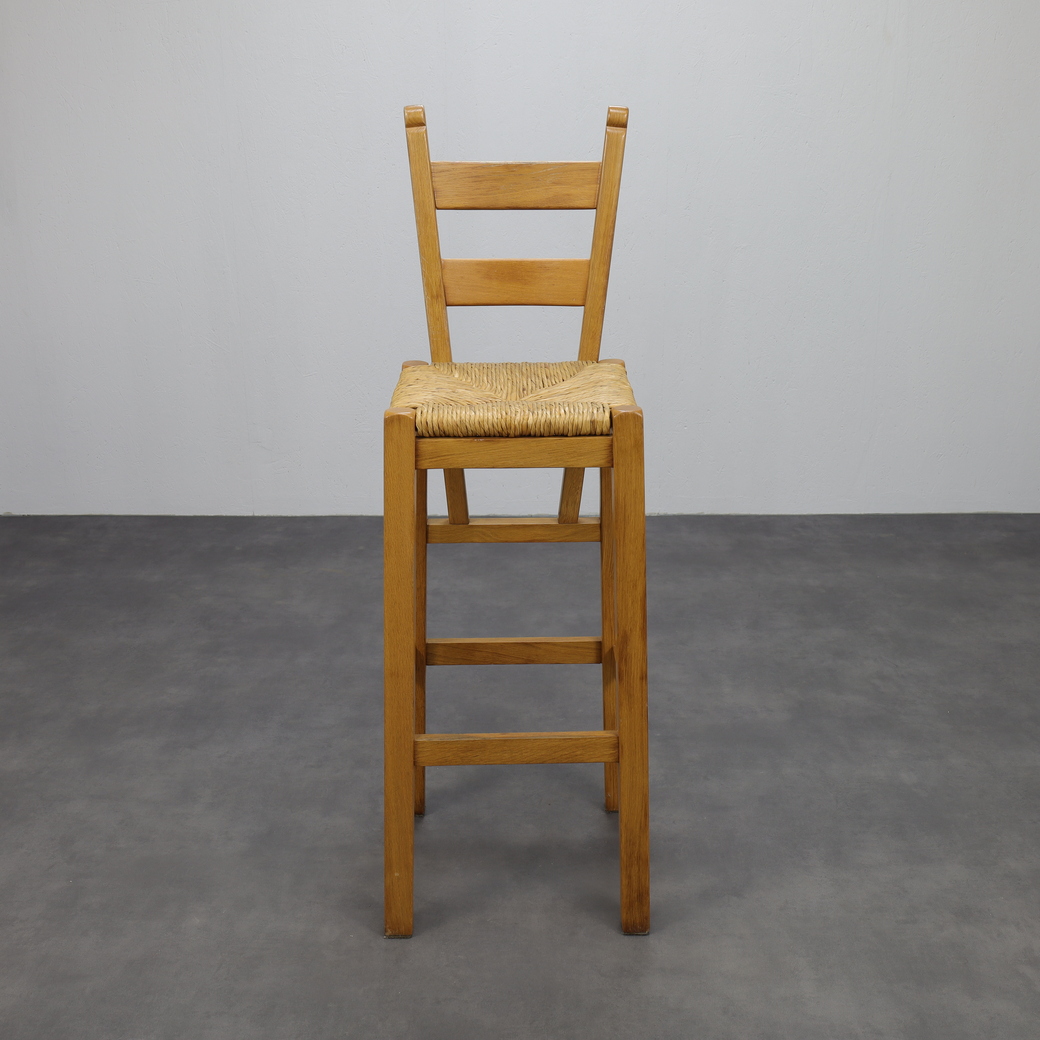 Set Of 4 Bar Stools In Solid Oak And Rattan, 1970s image 4