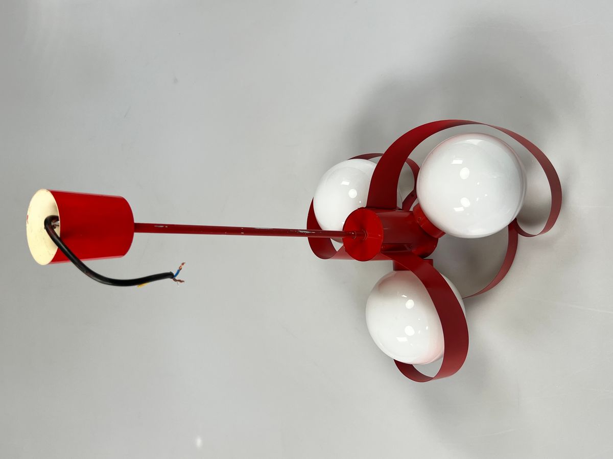 Vintage Rode Metalen Hanglamp / Kroonluchter, Space Age, België 1970's image 13