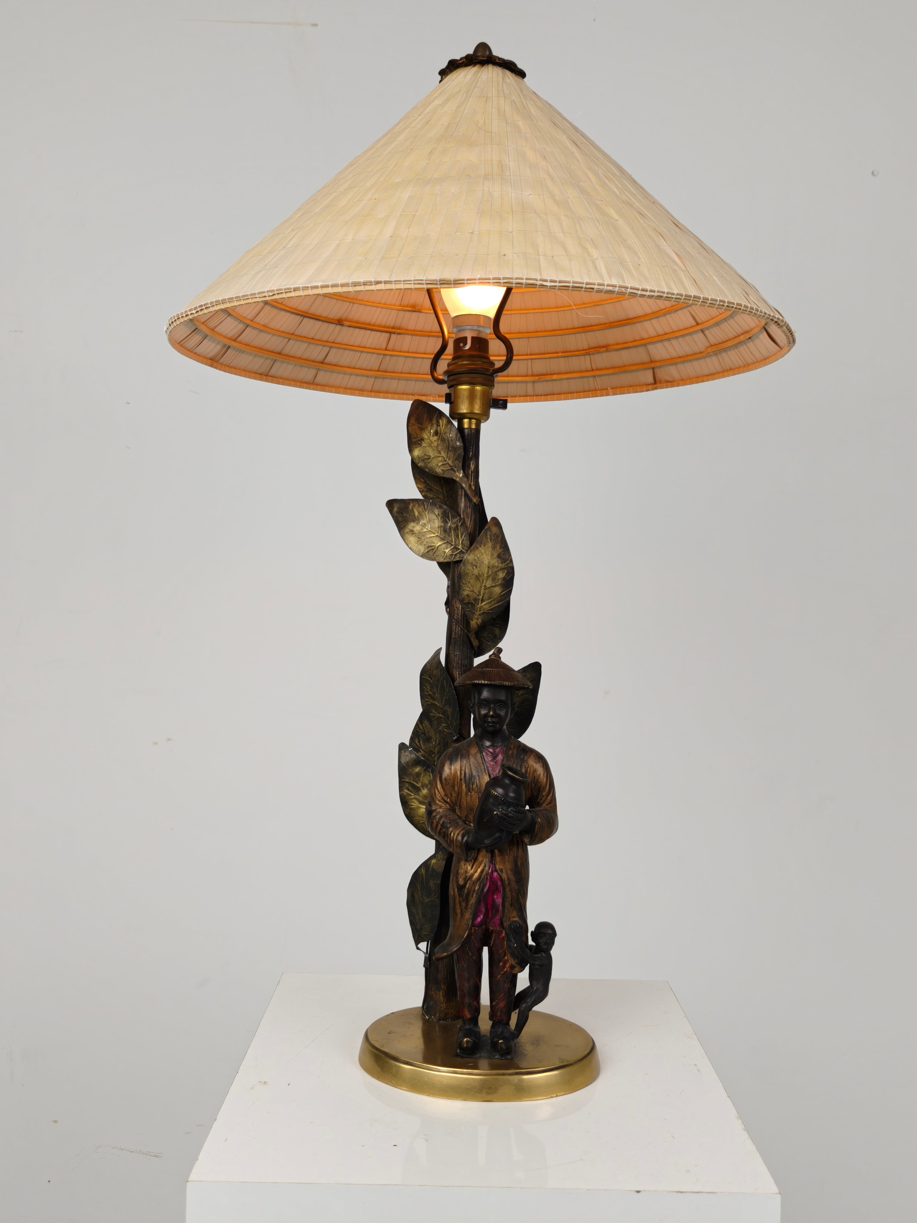 Prachtige Chinoiserie Bronzen Tafellamp Met Jongen, Aap En Boom – Ca. 1940 image 2
