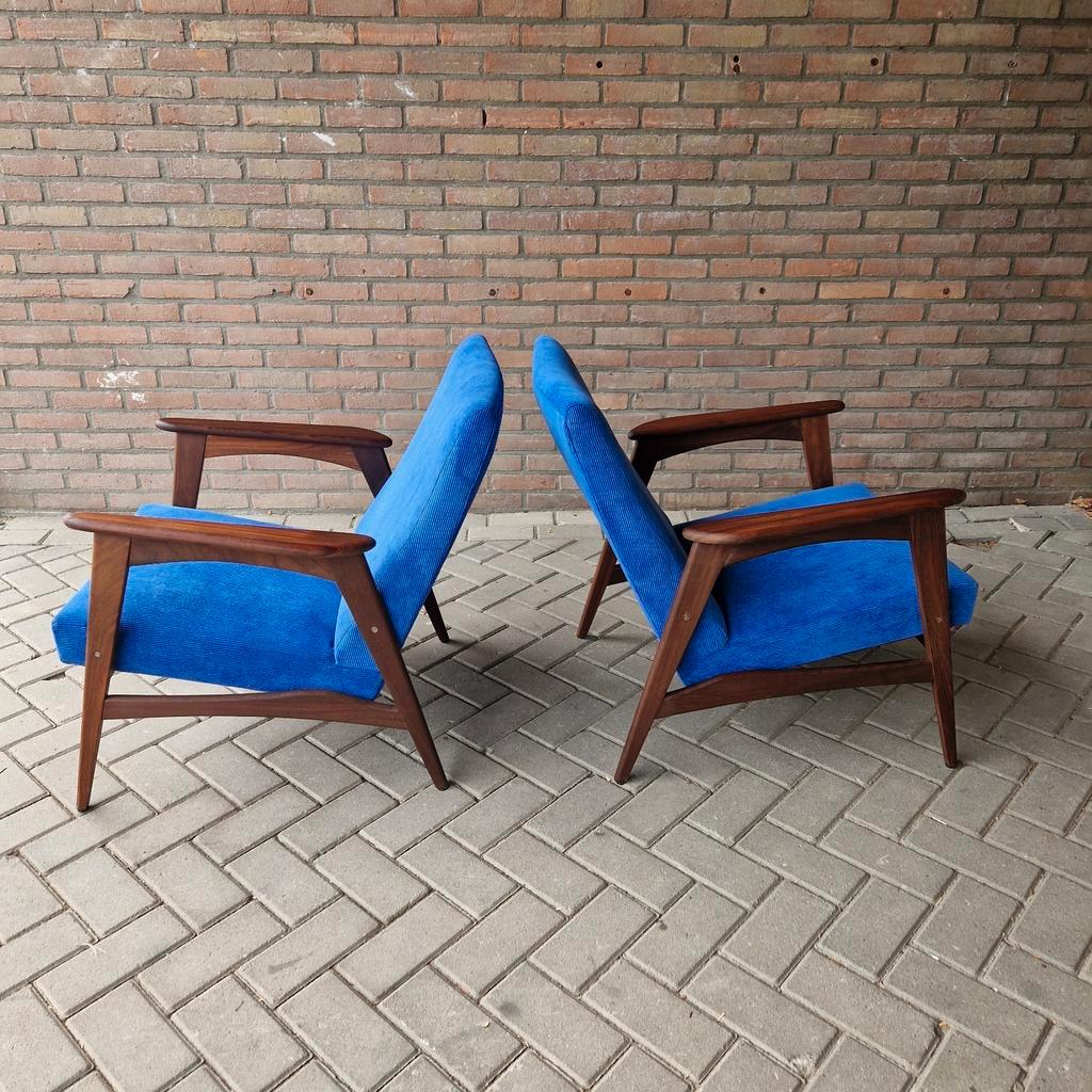 Set Vintage Deense Fauteuils Jaren 60 Ribstof Blauwe Stoelen image 12