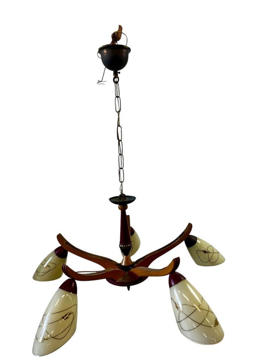 Vintage Rockabilly Luster / Hanglamp Met Hout / Opaline image 4