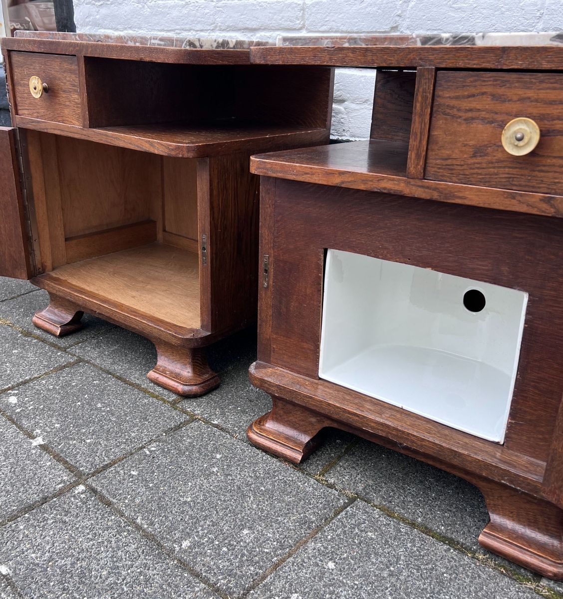 Art Deco Set Nachtkastjes Met Rood / Grijs Geaderd Marmer Blad, 55 Cm Hoog image 13