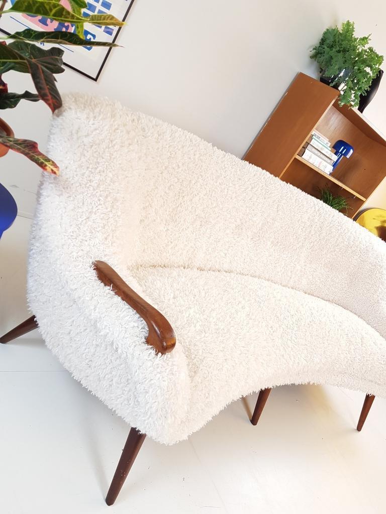 Vintage Bank Teak Hout Teddy Stof Nieuw | Uniek Organisch image 11