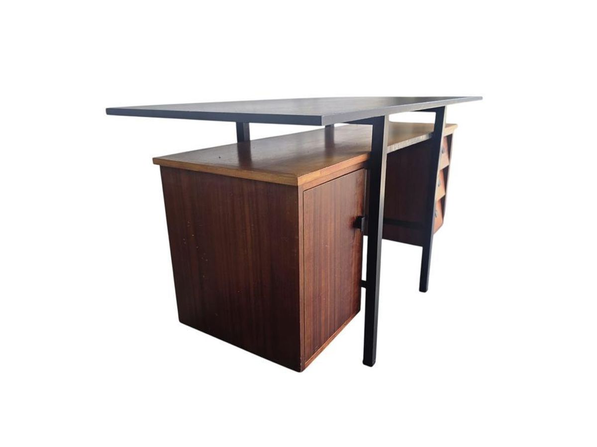 Vintage Houten Bureau Met Zwevend Blad En Zwart Frame image 7