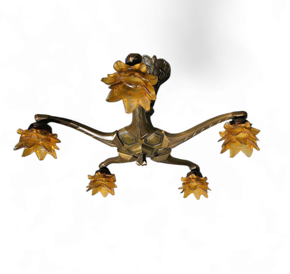 5 Arms Art Deco / Art Nouveau / Brass Hanging Lamp / Hand Blown Floral Shades image 12