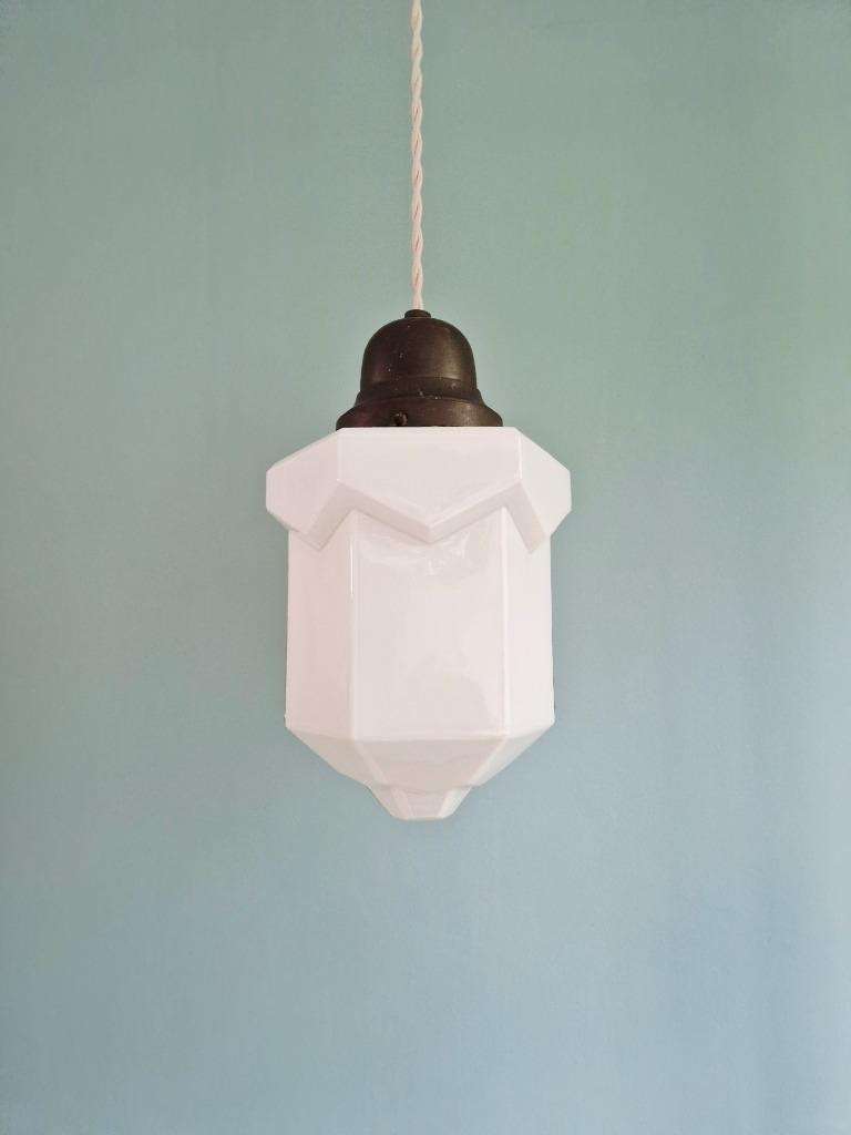 Skyscraper Art Deco Hanglamp In Witte Opaline, 1920-30 image 11
