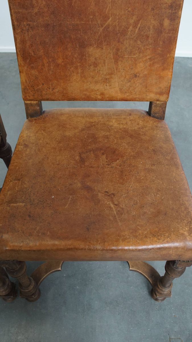 Set Van 2 Antieke Houten En Schapenleren Eetkamerstoelen Met Een Mooi Patina Uit Begin 1900 image 6