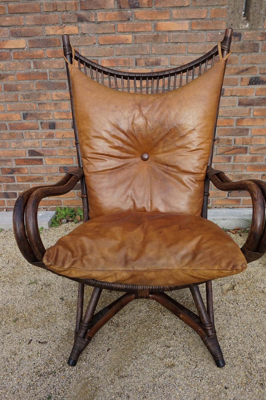 Vintage Rotan/bamboe Fan Back Lounge Chair Met Leren Kussens, Jaren 60, Toegeschreven Aan Rohé No image 2