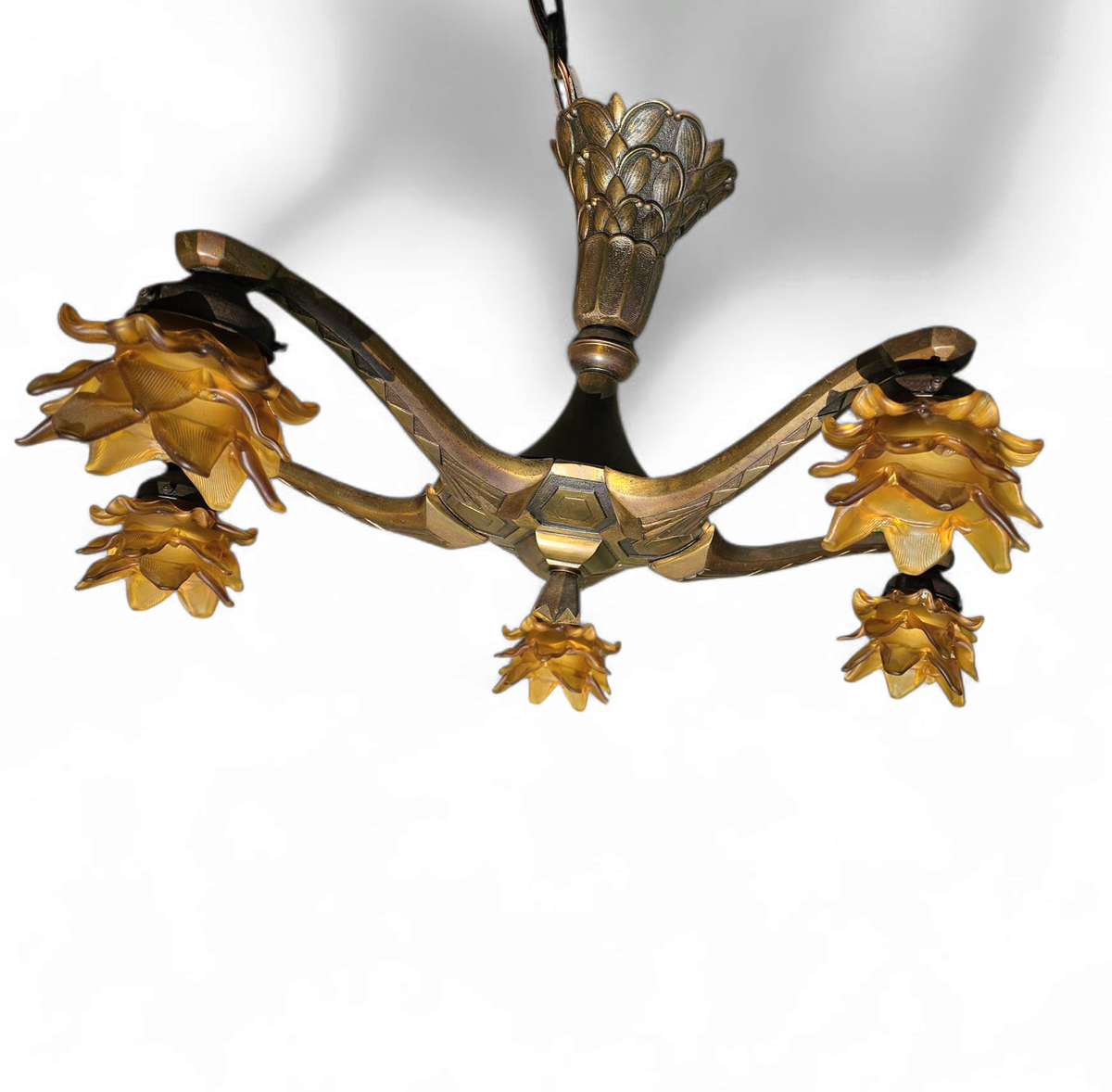 5 Arms Art Deco / Art Nouveau / Brass Hanging Lamp / Hand Blown Floral Shades image 7