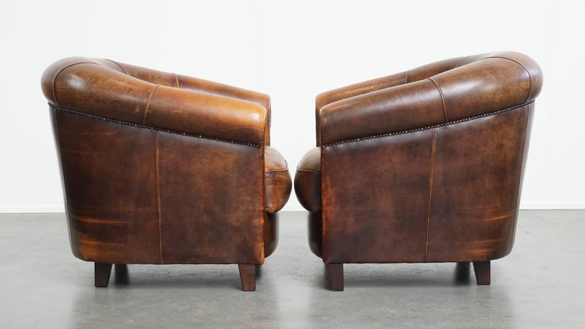 Karaktervolle En Unieke Set Van 4 Schapenleren Clubfauteuils Met Een Prachtige Kleurstelling image 4